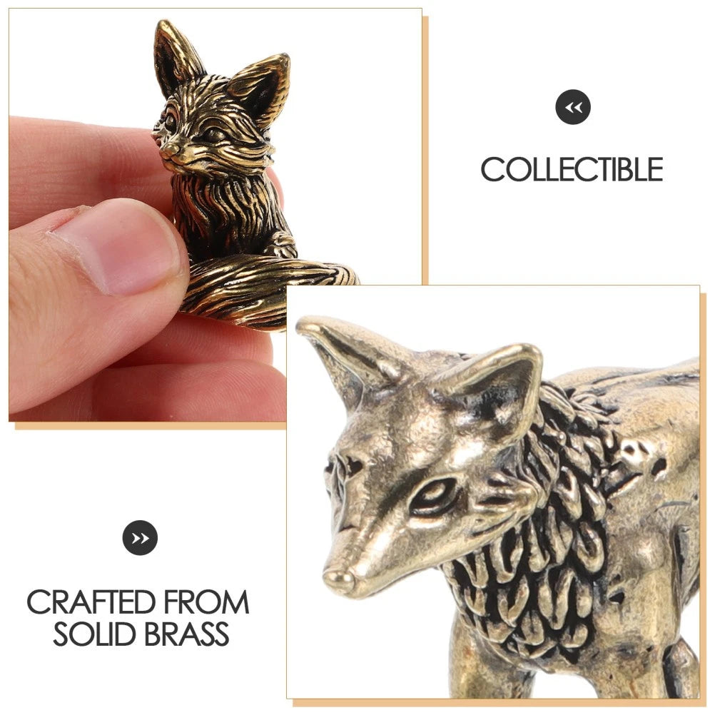 2 Pcs Brass Figurine Desktop Ornament Fox Animal Statues
