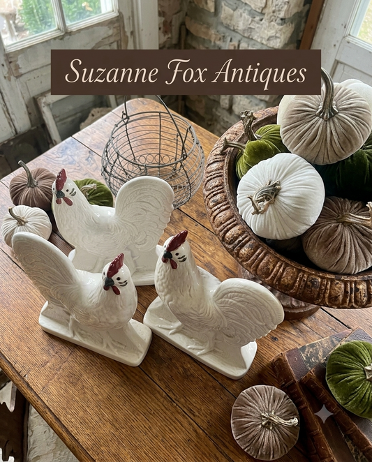 Pair of Vintage White Ceramic Farmhouse Roosters