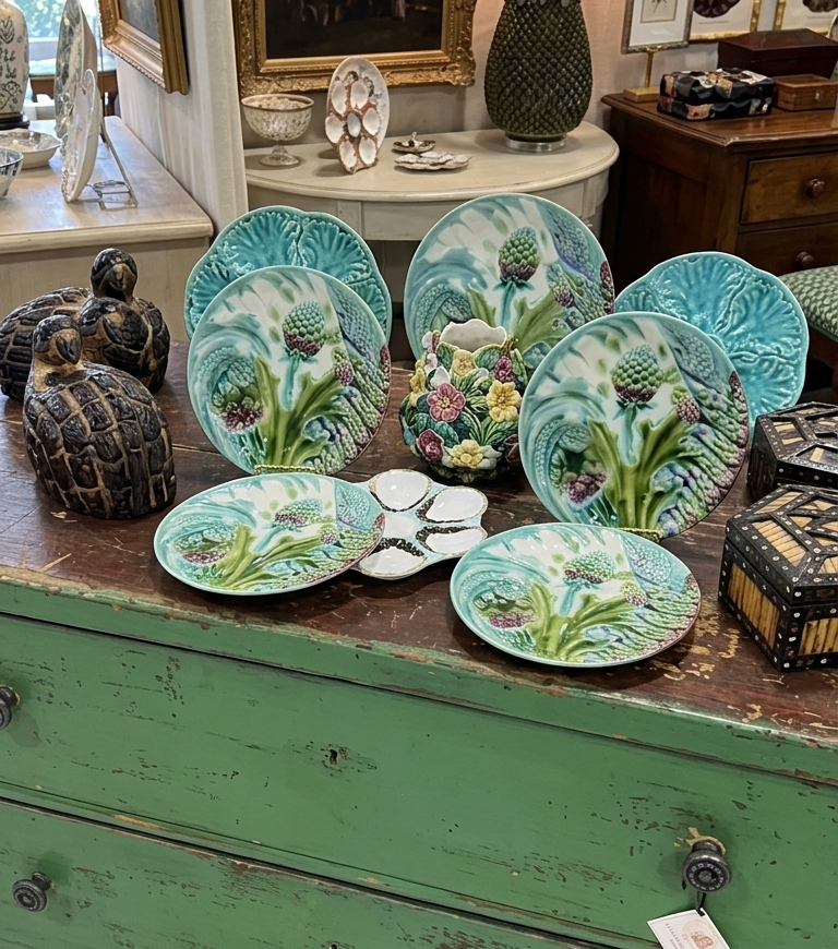 Antique Victorian Majolica Asparagus & Oyster Plate Set