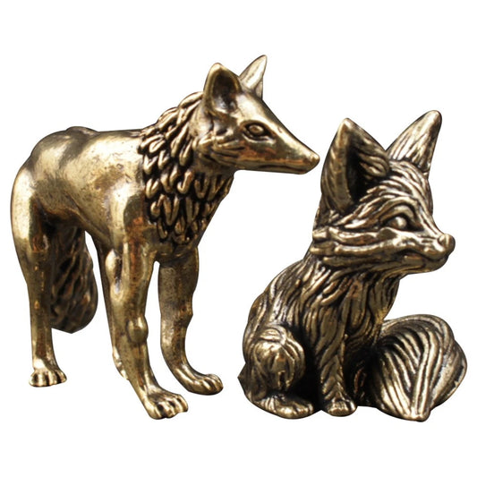 2 Pcs Brass Figurine Desktop Ornament Fox Animal Statues