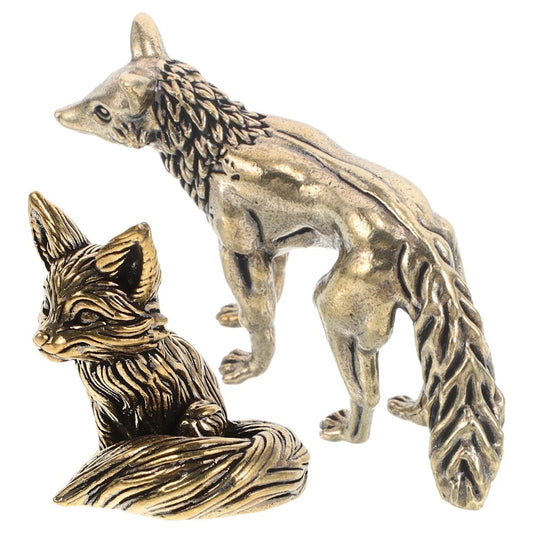 2 Pcs Brass Figurine Desktop Ornament Fox Animal Statues
