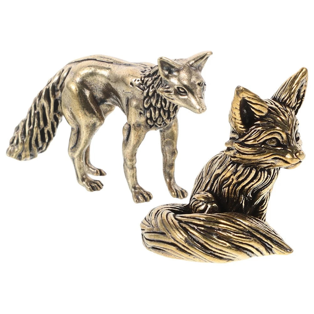2 Pcs Brass Figurine Desktop Ornament Fox Animal Statues