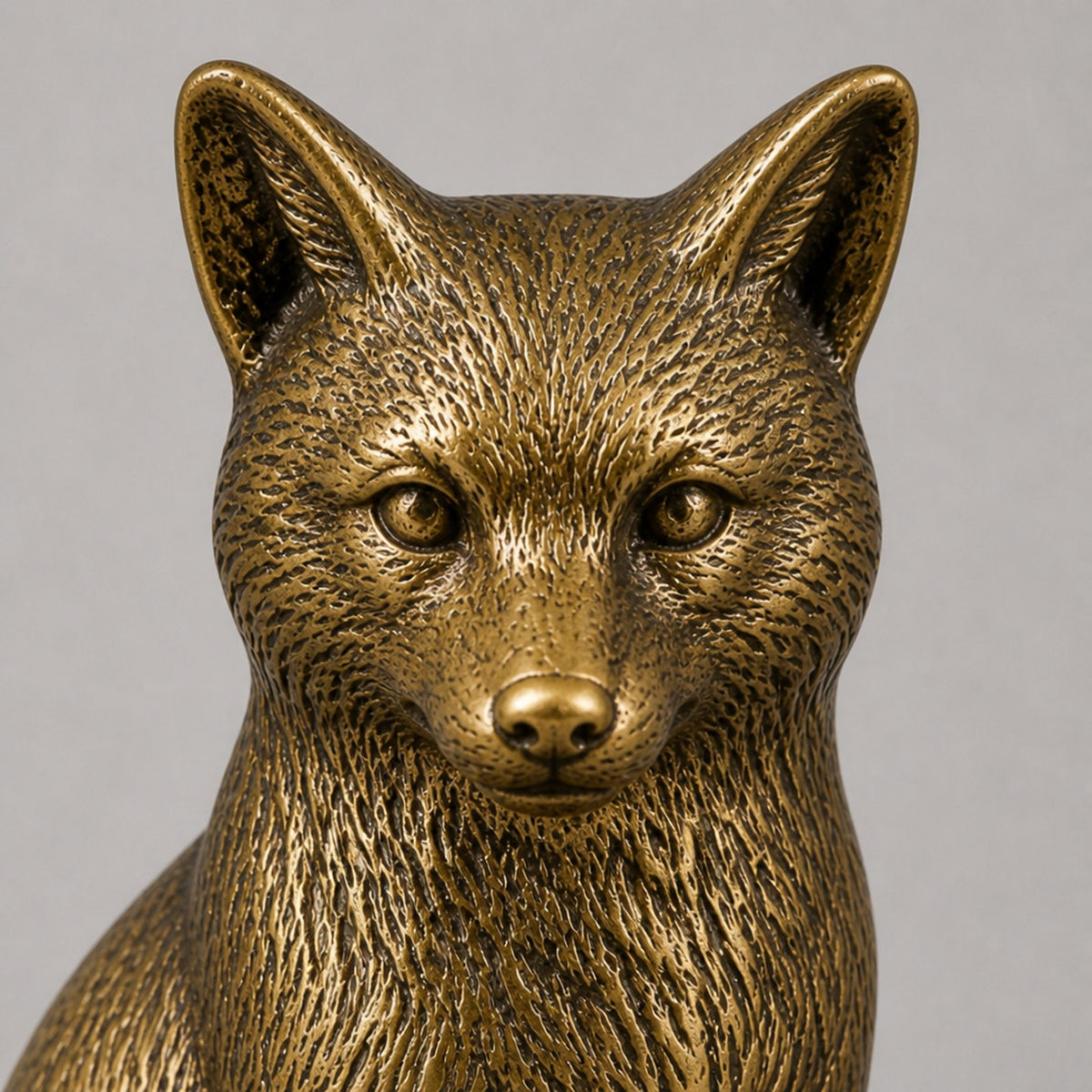 New Brass Sitting Fox Paperweight – Antique-Style Finish — detail