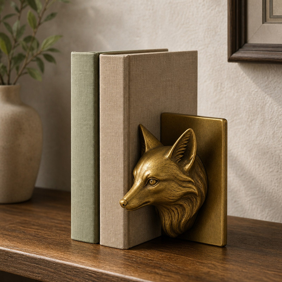 New Brass Fox-Head Bookend – Antique-Style Finish — scale