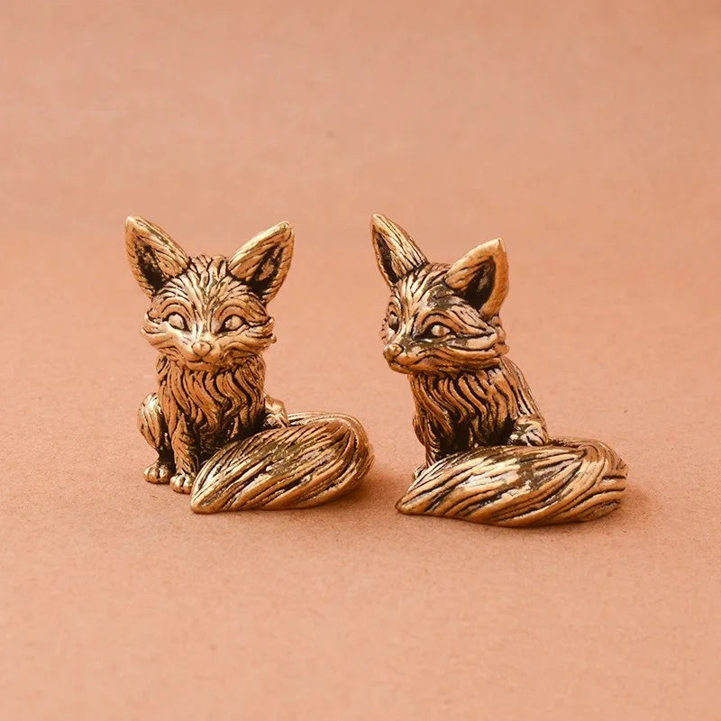 Brass Fox Animal Statue Small Sculpture Tabletop Figurine Home Decor Gifts