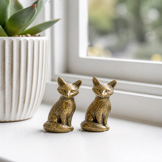 New Brass Mini Fox Figurines – Set of 2 – Antique-Style Finish — front
