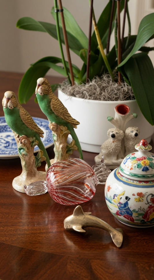 Vintage Majolica Parakeets & Art Glass Decorative Collection
