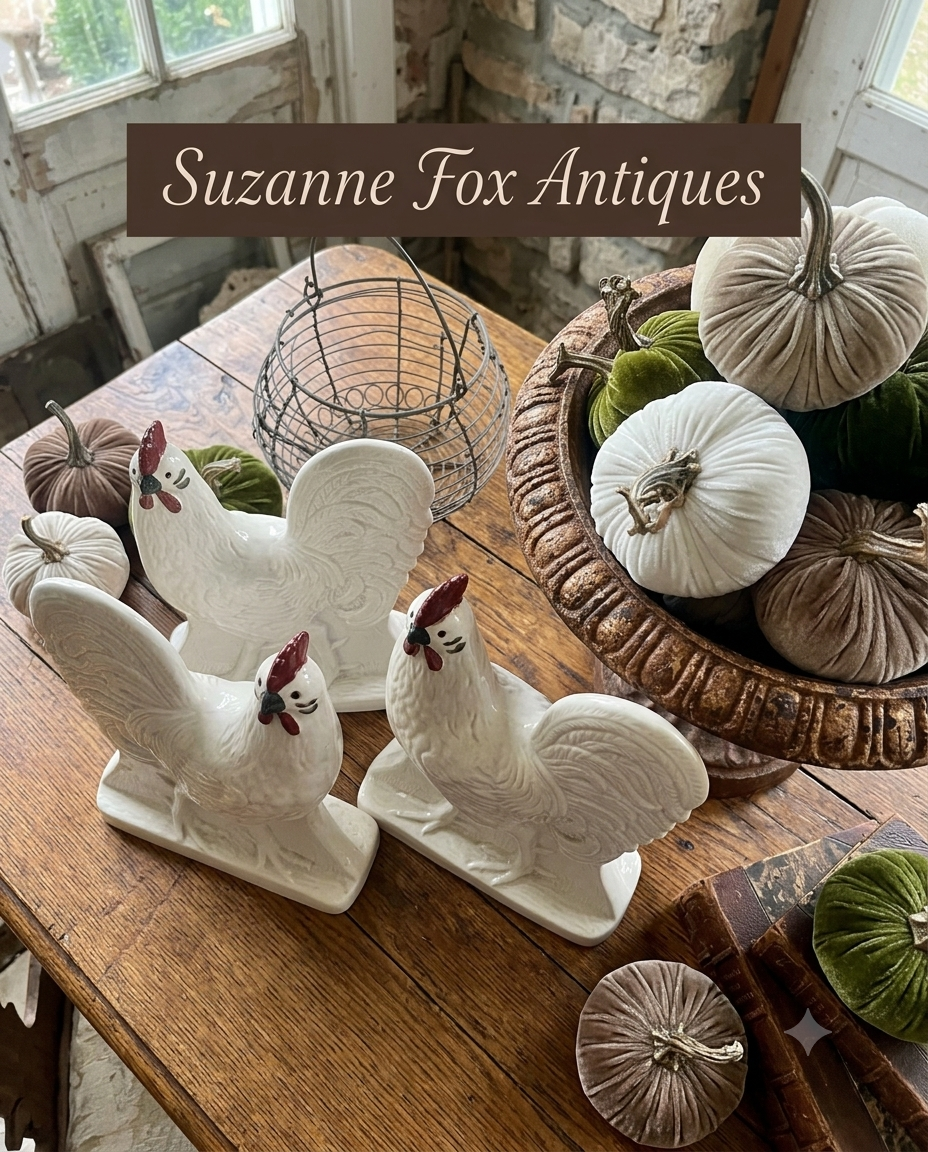 Pair of Vintage White Ceramic Farmhouse Roosters