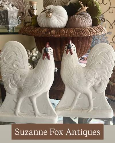 Pair of Vintage White Ceramic Farmhouse Roosters