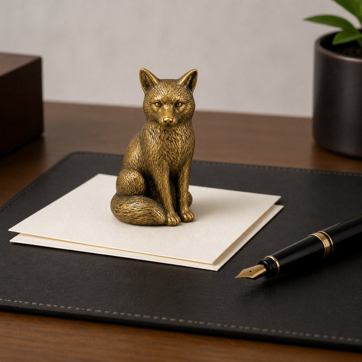 New Brass Sitting Fox Paperweight – Antique-Style Finish — scale