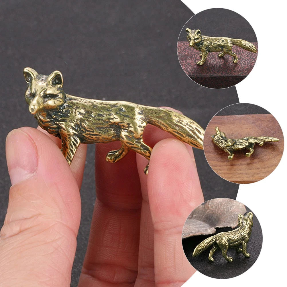 Tiny Brass Fox Shape Figurine Decorative Animal Statue for Desktop Use