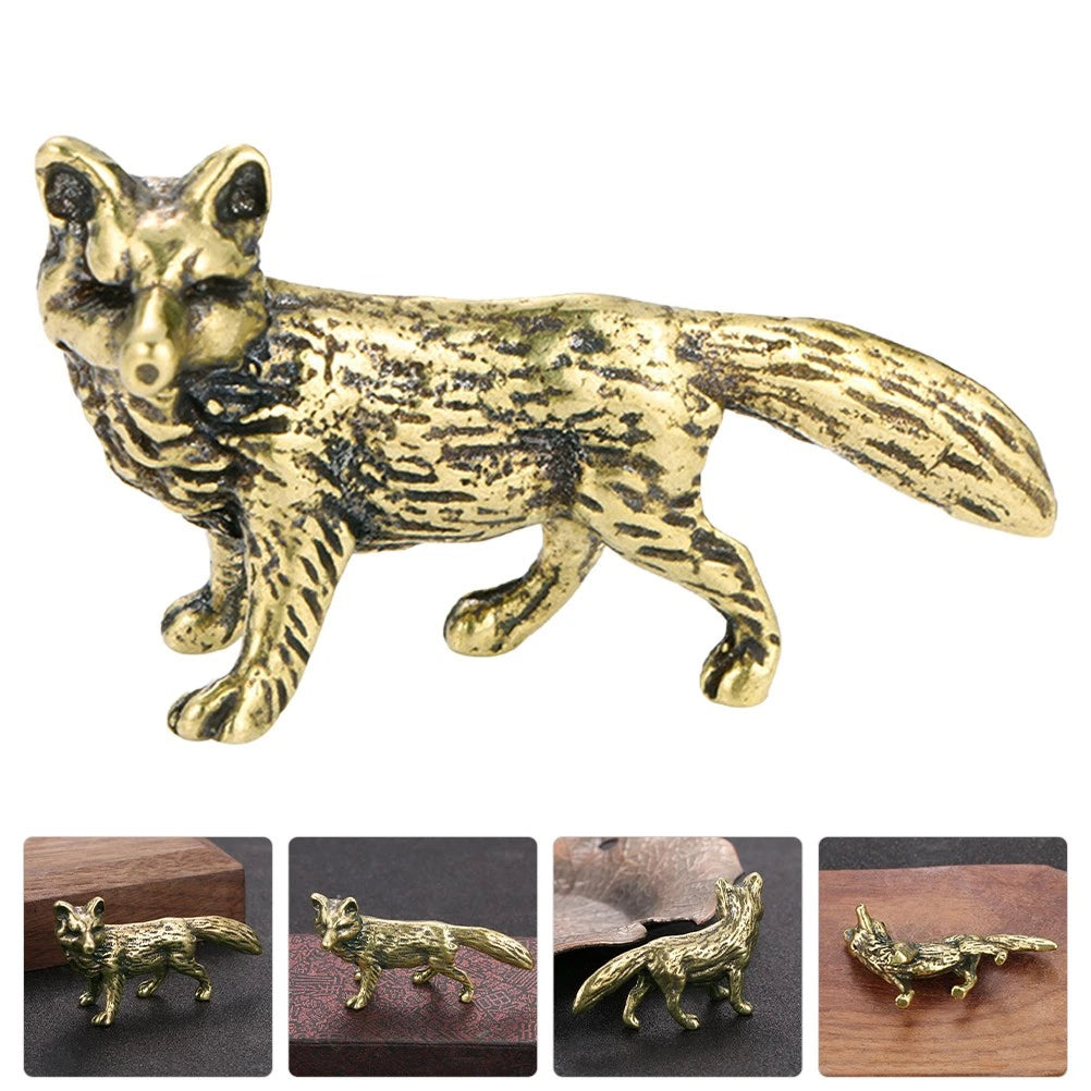 Tiny Brass Fox Shape Figurine Decorative Animal Statue for Desktop Use
