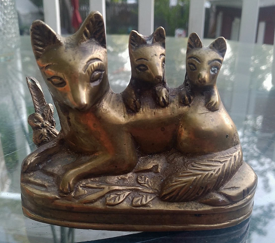 Brass Red Fox Figurines Mom with Babies Home Decor