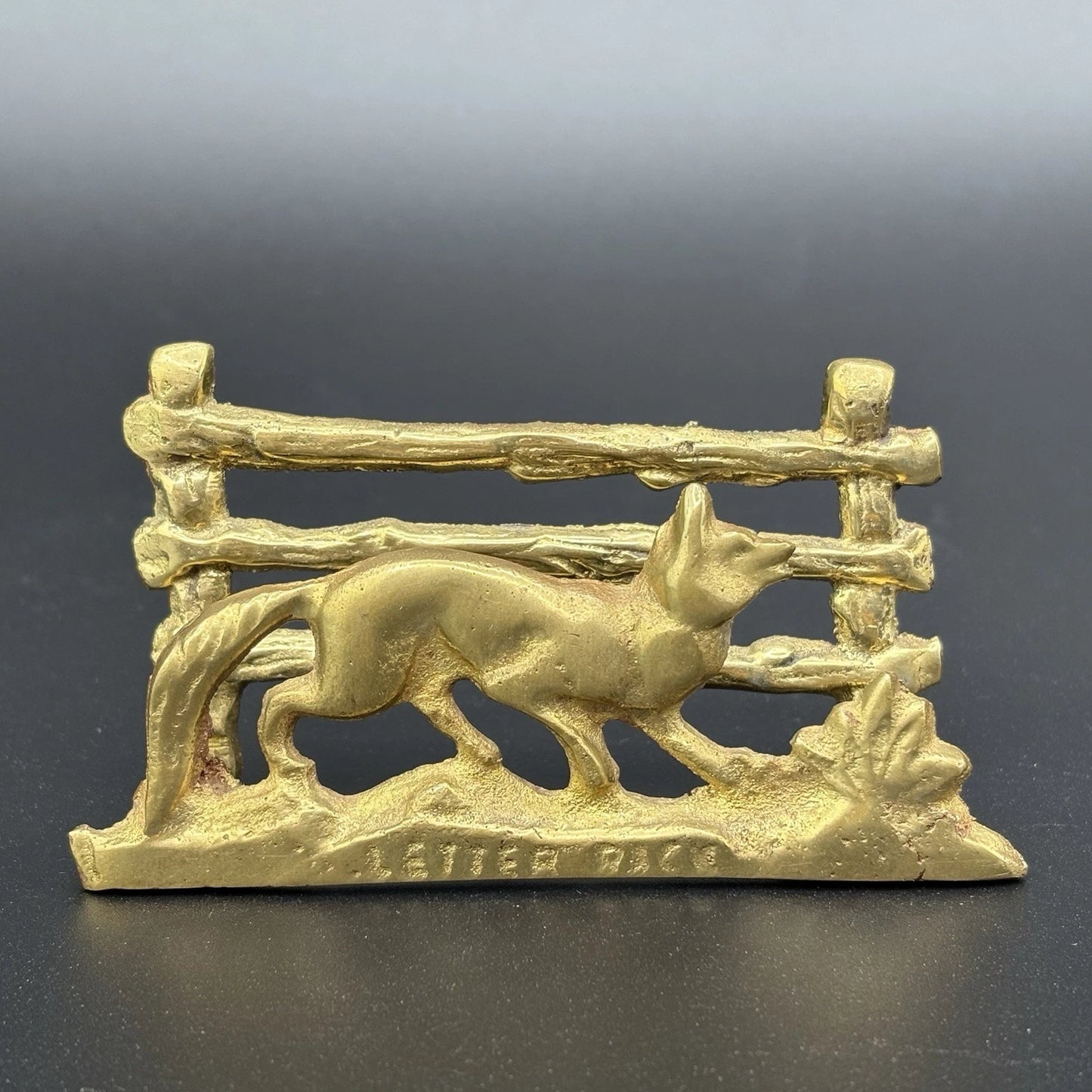 English Solid Brass Fox Letter Rack Desk Figurine Business Card Mail Holder