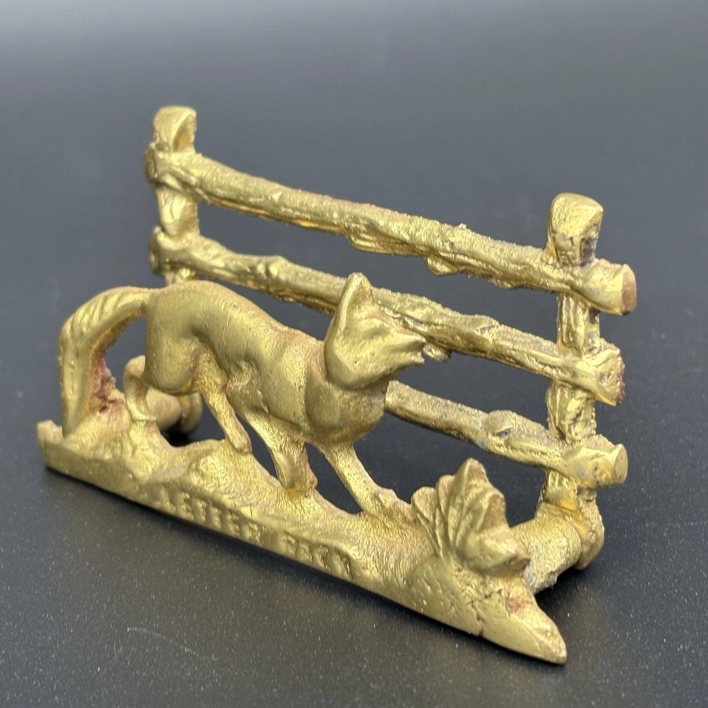 English Solid Brass Fox Letter Rack Desk Figurine Business Card Mail Holder