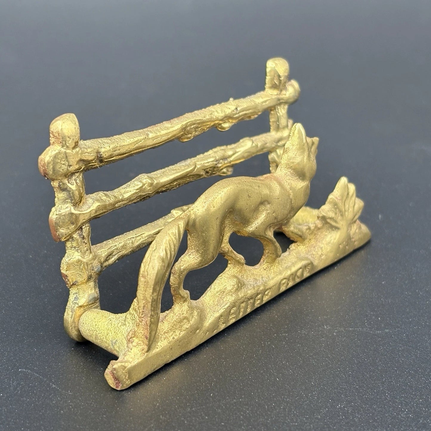 English Solid Brass Fox Letter Rack Desk Figurine Business Card Mail Holder