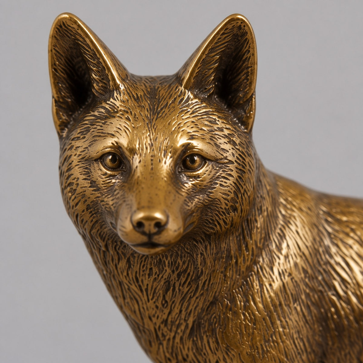 New Brass Standing Fox Figurine – Antique-Style Finish — detail